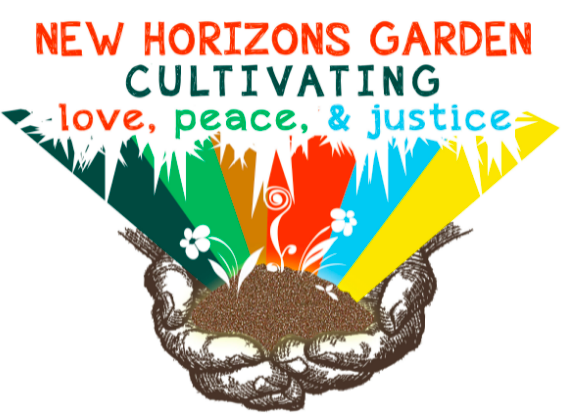 New Horizons Garden, cultivating love, peace, and justice: rainbow rays rising from soil held in two cupped hands